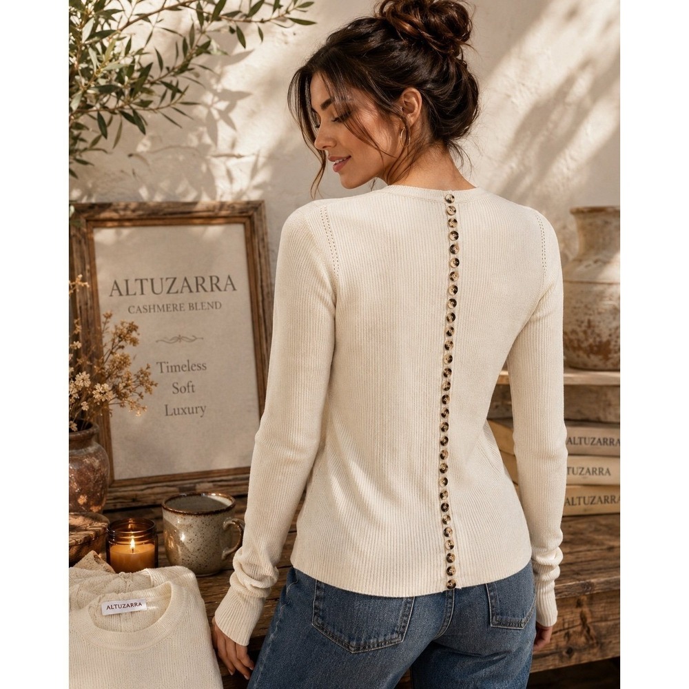 Altuzarra Ivory Rib Knit Sweater Wool Cashmere Blend Button Back Size M